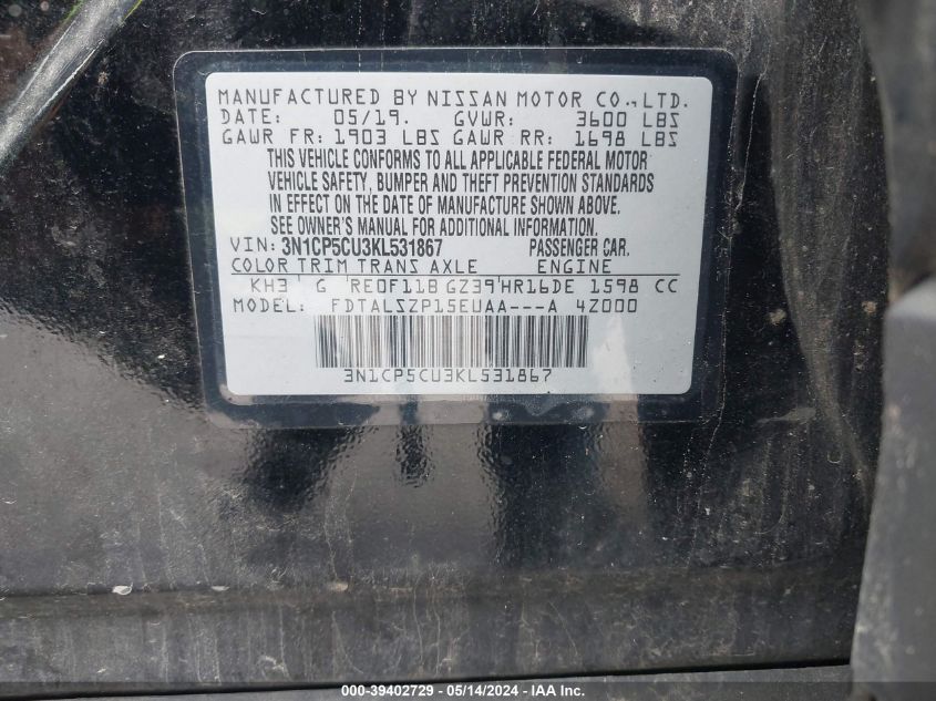 2019 Nissan Kicks Sv VIN: 3N1CP5CU3KL531867 Lot: 39402729