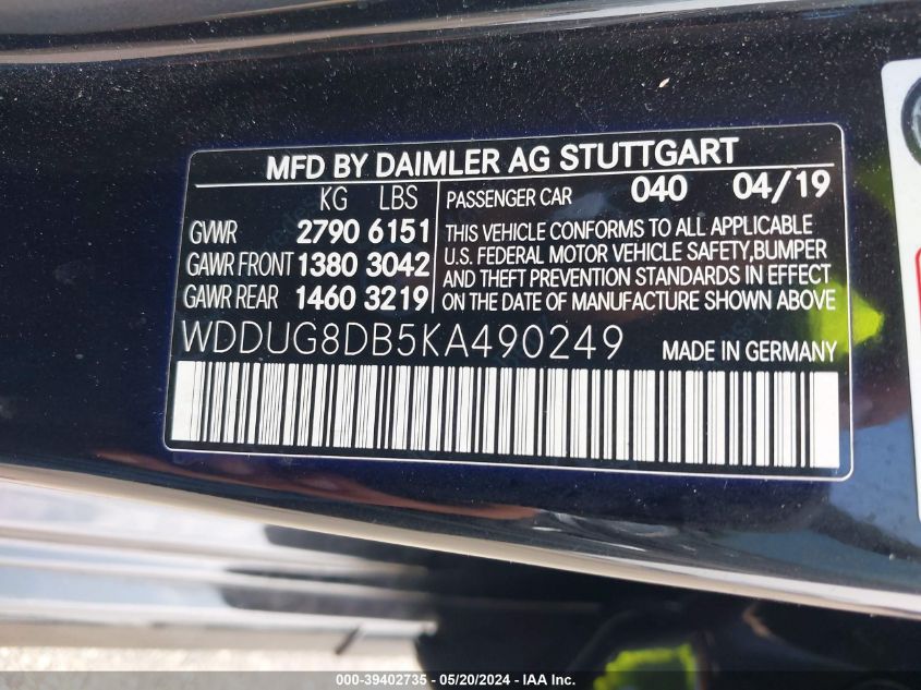 2019 Mercedes-Benz S 560 VIN: WDDUG8DB5KA490249 Lot: 39402735