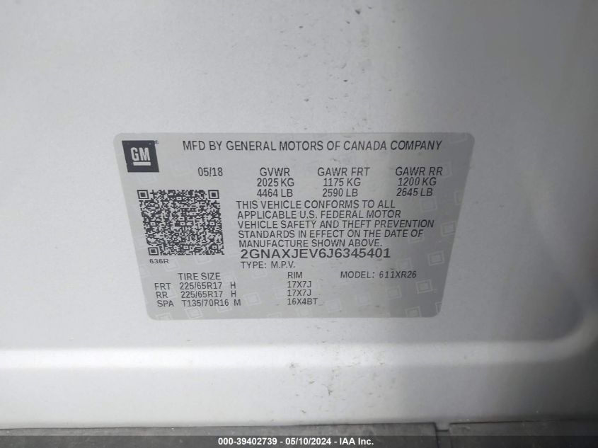 2018 Chevrolet Equinox Lt VIN: 2GNAXJEV6J6345401 Lot: 39402739