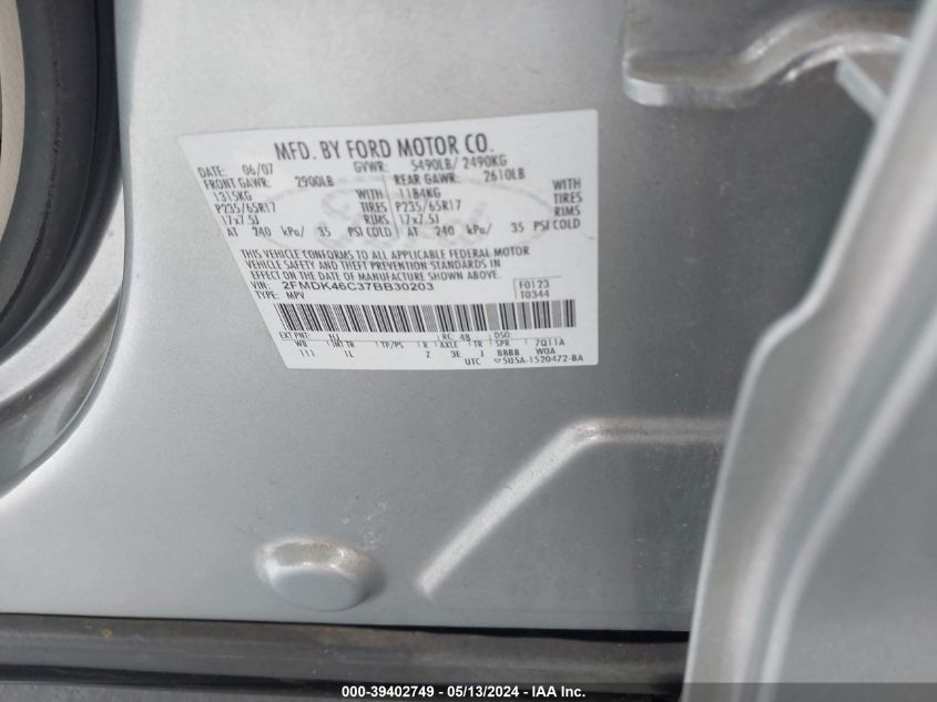 2007 Ford Edge Se VIN: 2FMDK46C37BB30203 Lot: 39402749