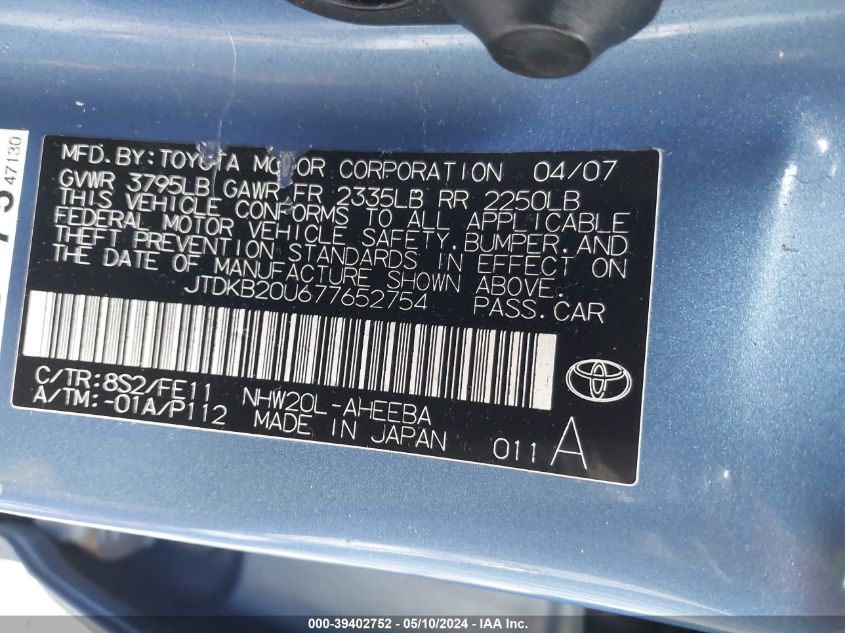 2007 Toyota Prius VIN: JTDKB20U677652754 Lot: 39402752