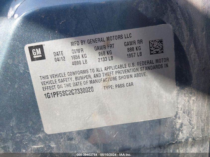2012 Chevrolet Cruze 1Lt VIN: 1G1PF5SC2C7330020 Lot: 39402754