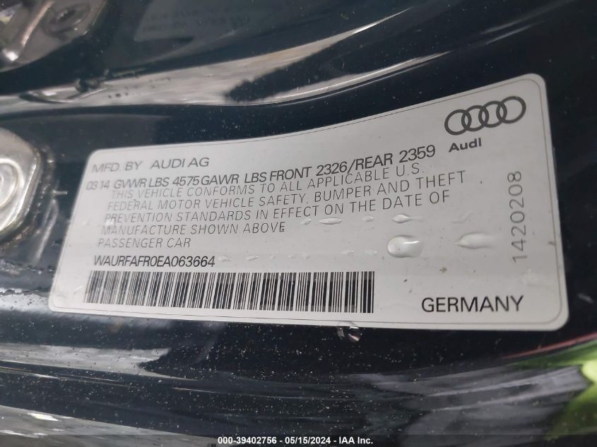 2014 Audi A5 2.0T Premium VIN: WAURFAFR0EA063664 Lot: 39402756