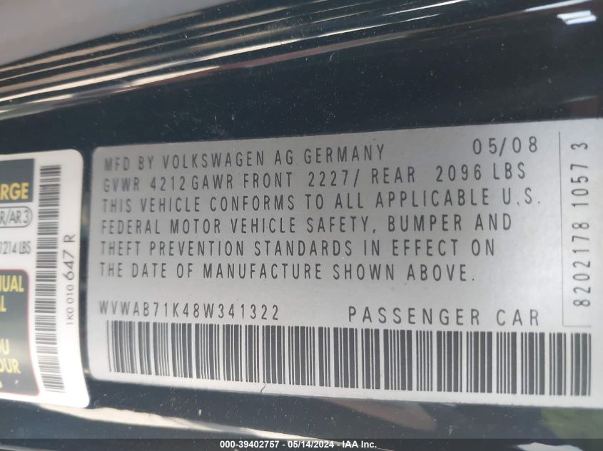 2008 Volkswagen Rabbit S VIN: WVWAB71K48W341322 Lot: 39402757