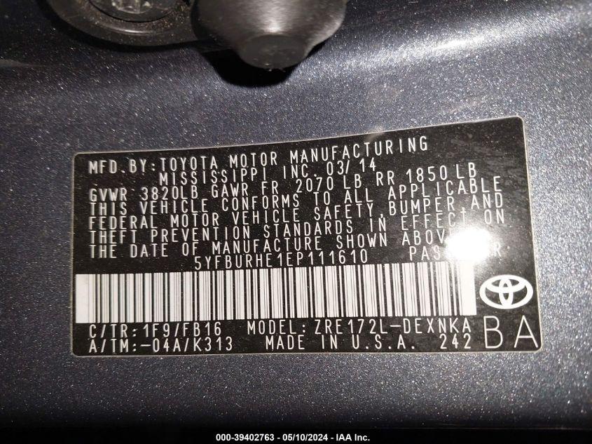 2014 Toyota Corolla Le VIN: 5YFBURHE1EP111610 Lot: 39402763