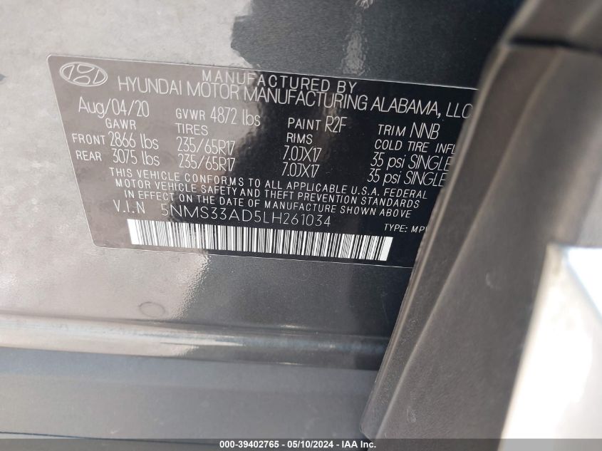 2020 Hyundai Santa Fe Sel VIN: 5NMS33AD5LH261034 Lot: 39402765