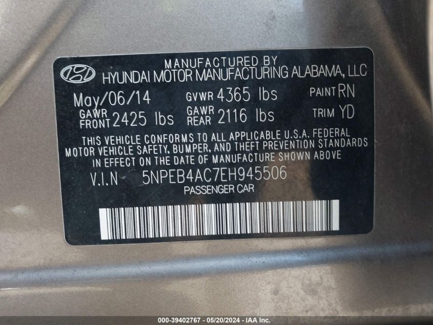 2014 Hyundai Sonata Gls VIN: 5NPEB4AC7EH945506 Lot: 39402767