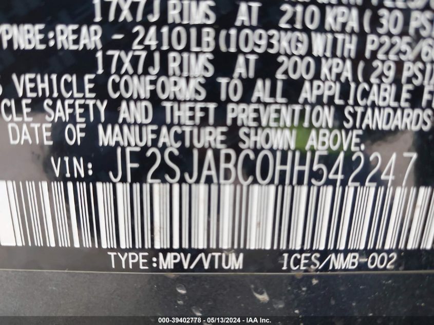 2017 Subaru Forester 2.5I VIN: JF2SJABC0HH542247 Lot: 39402778