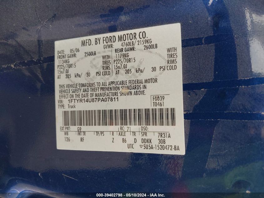 2007 Ford Ranger Sport/Stx/Xl/Xlt VIN: 1FTYR14U87PA07811 Lot: 39402798