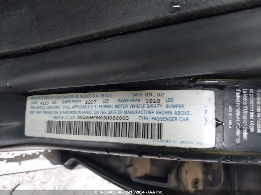 2003 Volkswagen Jetta Gli VIN: 3VWVH69M03M066005 Lot: 39402804
