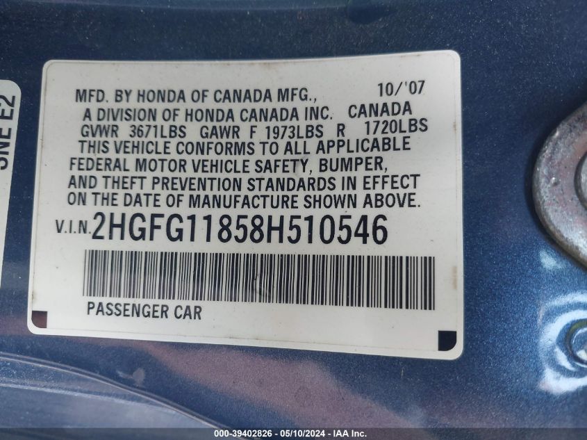 2008 Honda Civic Ex VIN: 2HGFG11858H510546 Lot: 39402826