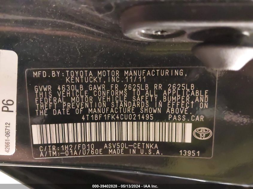 2012 Toyota Camry Le VIN: 4T1BF1FK4CU021495 Lot: 39402828