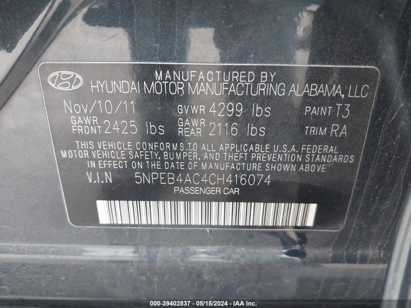 2012 Hyundai Sonata Gls VIN: 5NPEB4AC4CH416074 Lot: 39402837