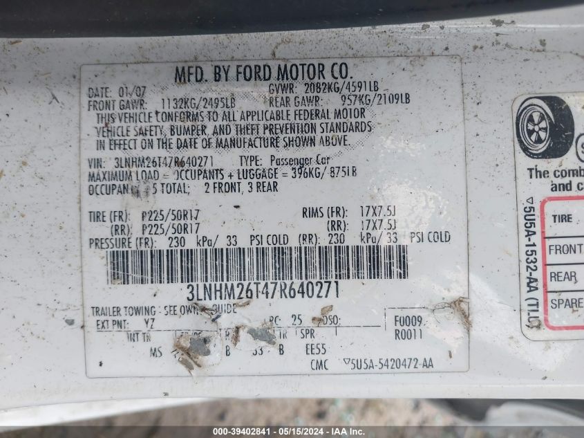 2007 Lincoln Mkz VIN: 3LNHM26T47R640271 Lot: 39402841