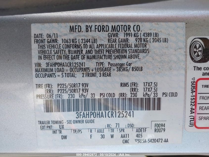 2012 Ford Fusion Se VIN: 3FAHP0HA1CR125241 Lot: 39402872