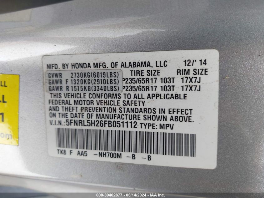 2015 Honda Odyssey Lx VIN: 5FNRL5H26FB051112 Lot: 39402877