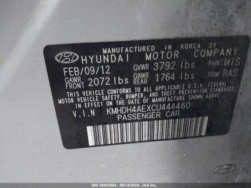 2012 Hyundai Elantra Gls (Ulsan Plant) VIN: KMHDH4AEXCU444460 Lot: 39402884