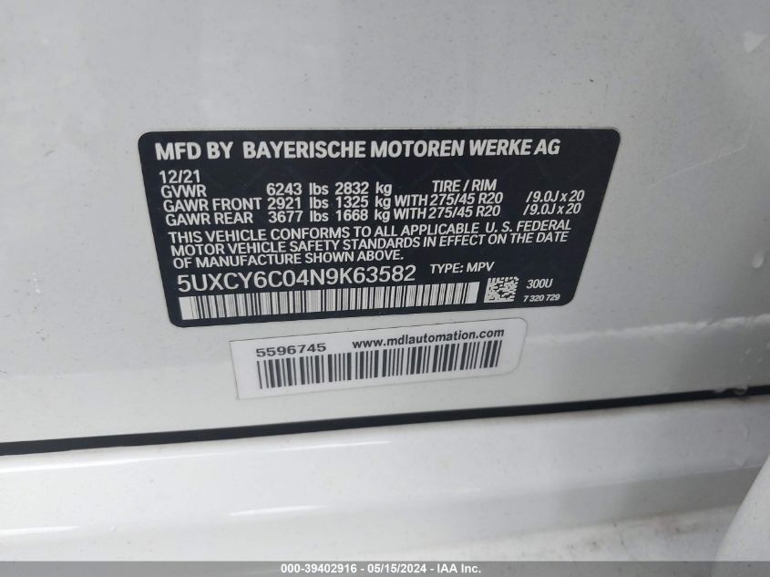 VIN 5UXCY6C04N9K63582 2022 BMW X6, Xdrive40I no.9