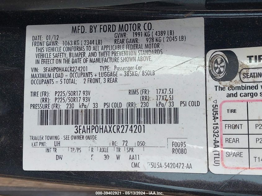 2012 Ford Fusion Se VIN: 3FAHP0HAXCR274201 Lot: 39402921