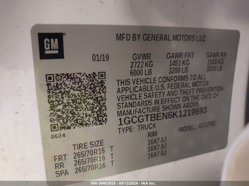 2019 Chevrolet Colorado Wt VIN: 1GCGTBEN6K1219693 Lot: 39402925