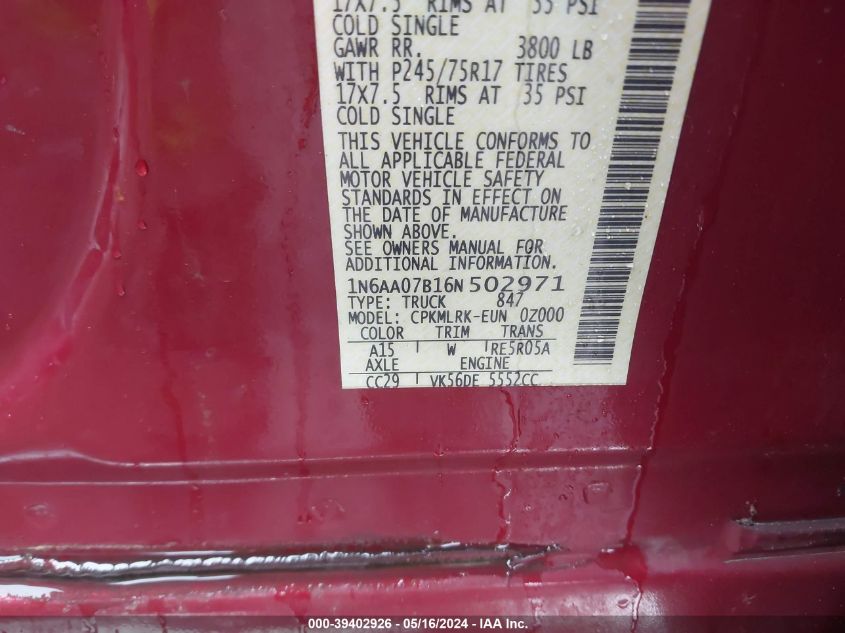 2006 Nissan Titan Xe VIN: 1N6AA07B16N502971 Lot: 39402926