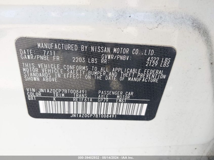 2011 Nissan Leaf Sl VIN: JN1AZ0CP7BT008491 Lot: 39402932