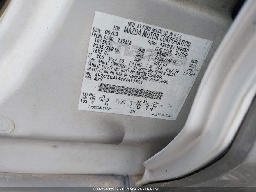 2004 Mazda Tribute Lx V6 VIN: 4F2CZ04154KM11524 Lot: 39402937