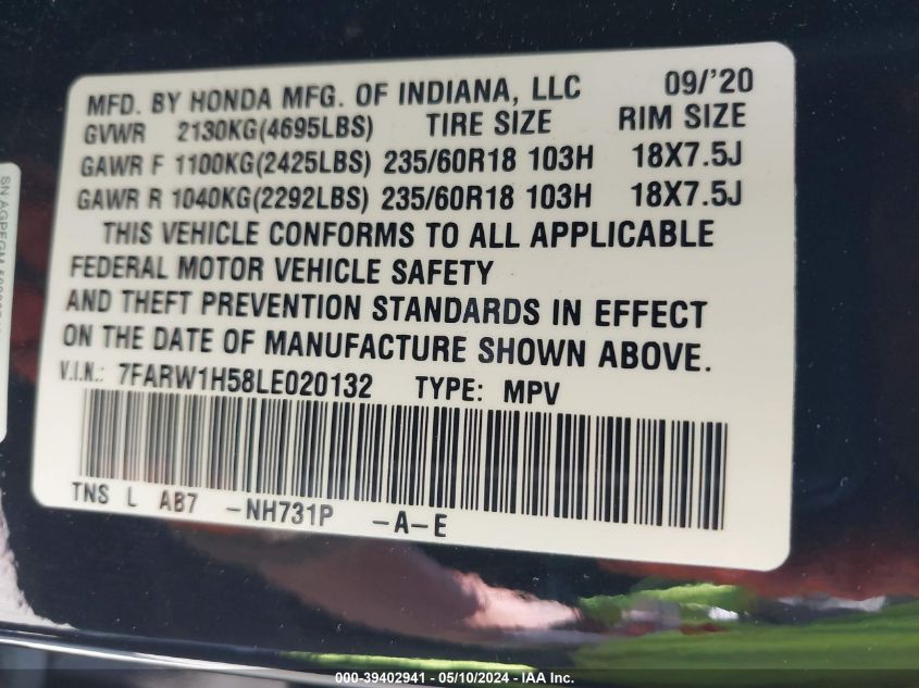 2020 Honda Cr-V 2Wd Ex VIN: 7FARW1H58LE020132 Lot: 39402941