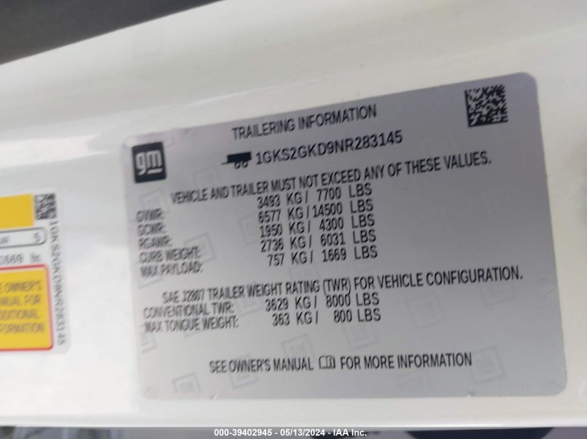 2022 GMC Yukon Xl 4Wd Slt VIN: 1GKS2GKD9NR283145 Lot: 39402945