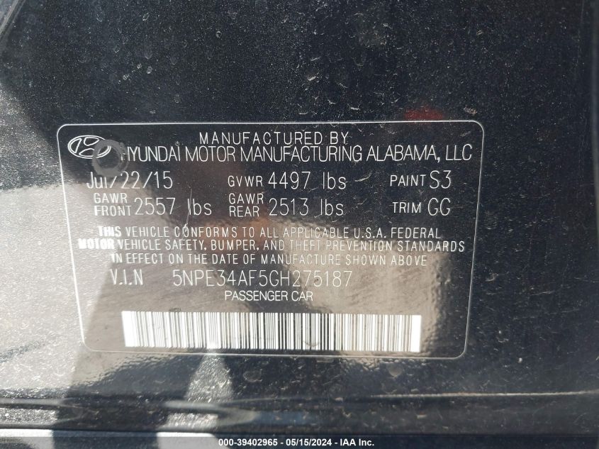 2016 Hyundai Sonata Limited VIN: 5NPE34AF5GH275187 Lot: 39402965