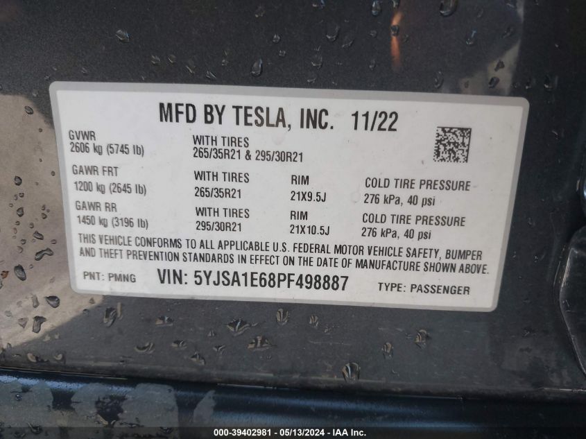 2023 Tesla Model S Plaid Tri Motor All-Wheel Drive VIN: 5YJSA1E68PF498887 Lot: 39402981