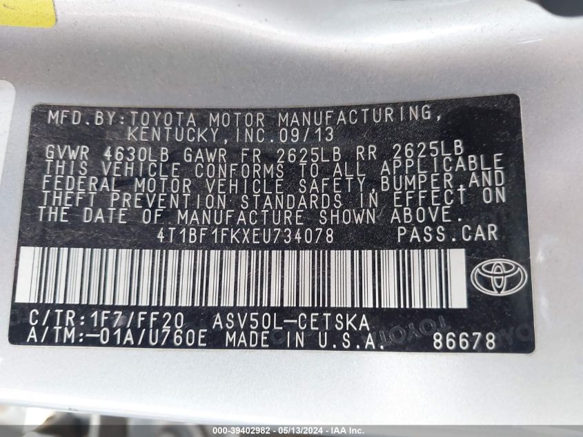 2014 Toyota Camry Se VIN: 4T1BF1FKXEU734078 Lot: 39402982