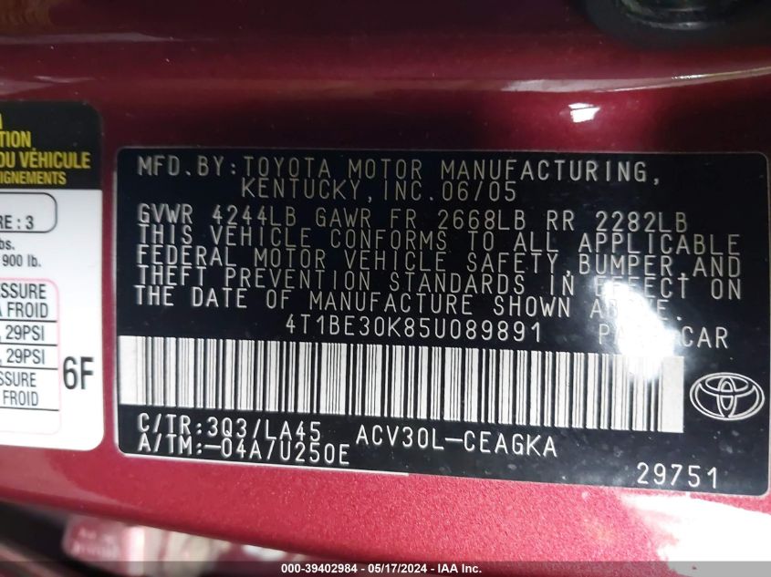 2005 Toyota Camry Xle VIN: 4T1BE30K85U089891 Lot: 39402984