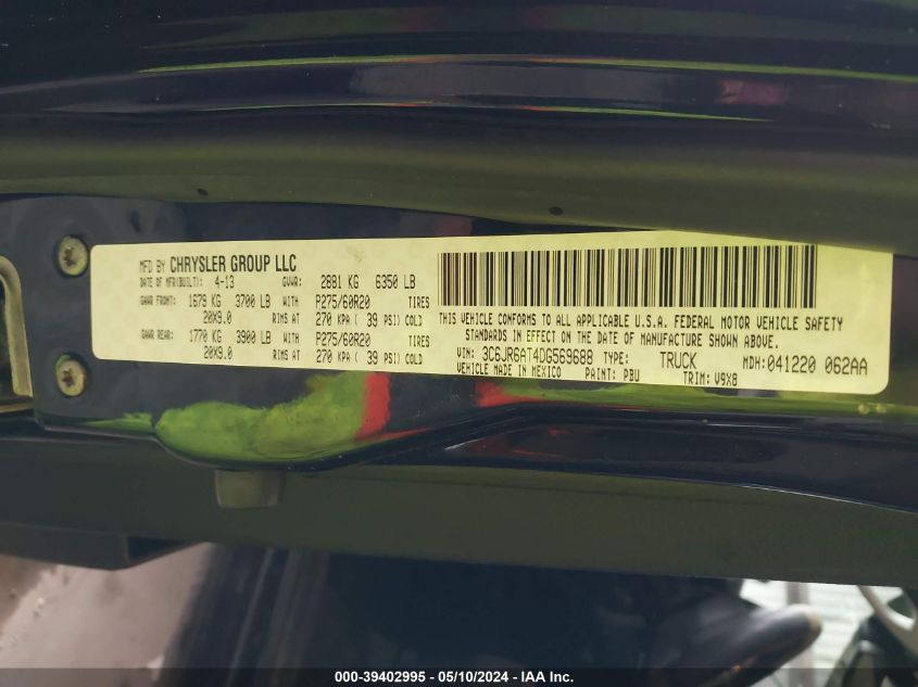 2013 Ram 1500 Express VIN: 3C6JR6AT4DG569688 Lot: 39402995