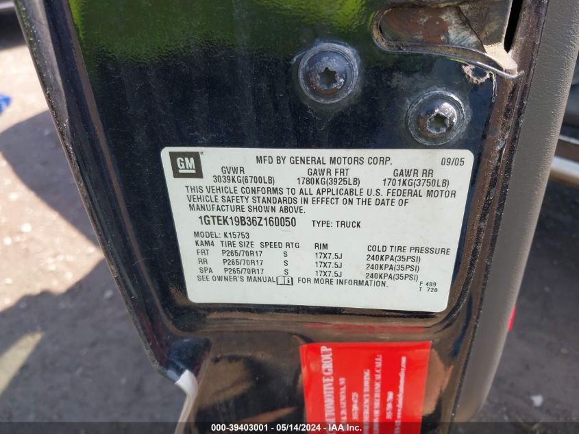 2006 GMC Sierra 1500 Sle1 VIN: 1GTEK19B36Z160050 Lot: 39403001