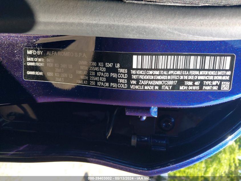 2019 Alfa Romeo Stelvio Ti Sport Awd VIN: ZASPAKBN8K7C58817 Lot: 39403002