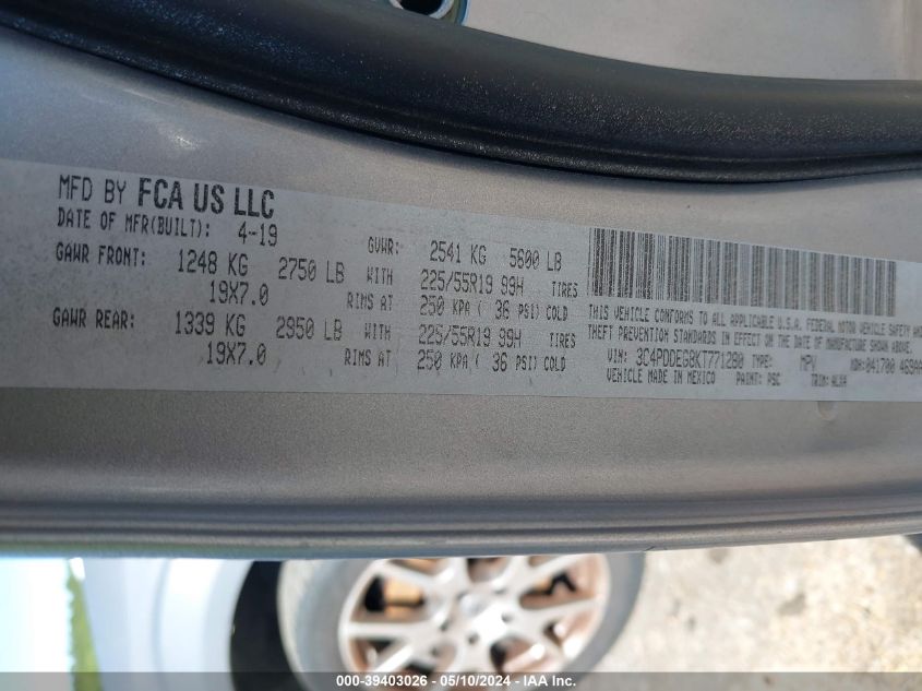 2019 Dodge Journey Gt Awd VIN: 3C4PDDEG8KT771280 Lot: 39403026