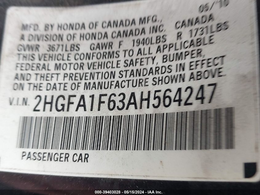 2010 Honda Civic Lx-S VIN: 2HGFA1F63AH564247 Lot: 39403028