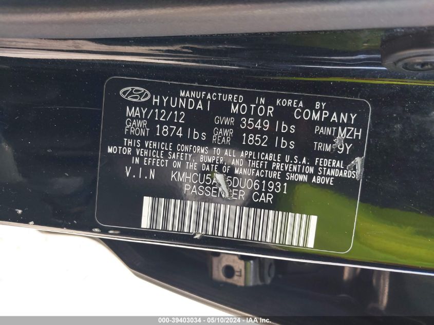 2013 Hyundai Accent Se VIN: KMHCU5AE5DU061931 Lot: 39403034