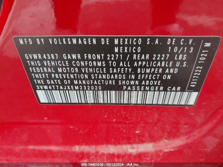 2014 Volkswagen Jetta Gli VIN: 3VW4T7AJXEM232020 Lot: 39403038