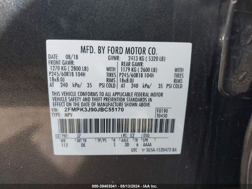 2018 Ford Edge Sel VIN: 2FMPK3J90JBC55170 Lot: 39403041