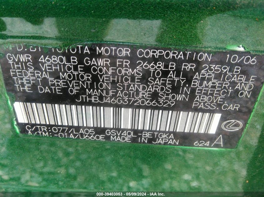 2007 Lexus Es 350 VIN: JTHBJ46G372066329 Lot: 39403053