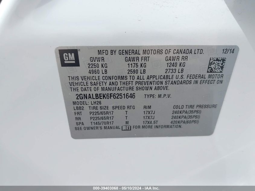 2015 Chevrolet Equinox 1Lt VIN: 2GNALBEK6F6251646 Lot: 39403068