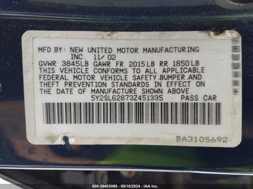 2003 Pontiac Vibe VIN: 5Y2SL62873Z451335 Lot: 39403069