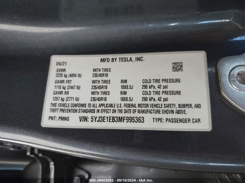 2021 Tesla Model 3 Long Range Dual Motor All-Wheel Drive VIN: 5YJ3E1EB3MF995363 Lot: 39403082