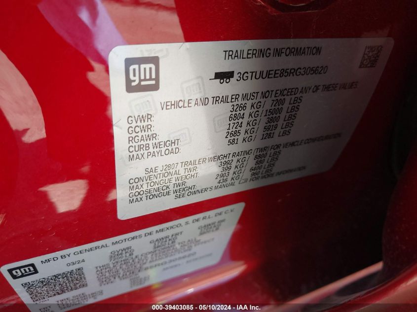 2024 GMC Sierra 1500 4Wd Standard Box At4 VIN: 3GTUUEE85RG305620 Lot: 39403085