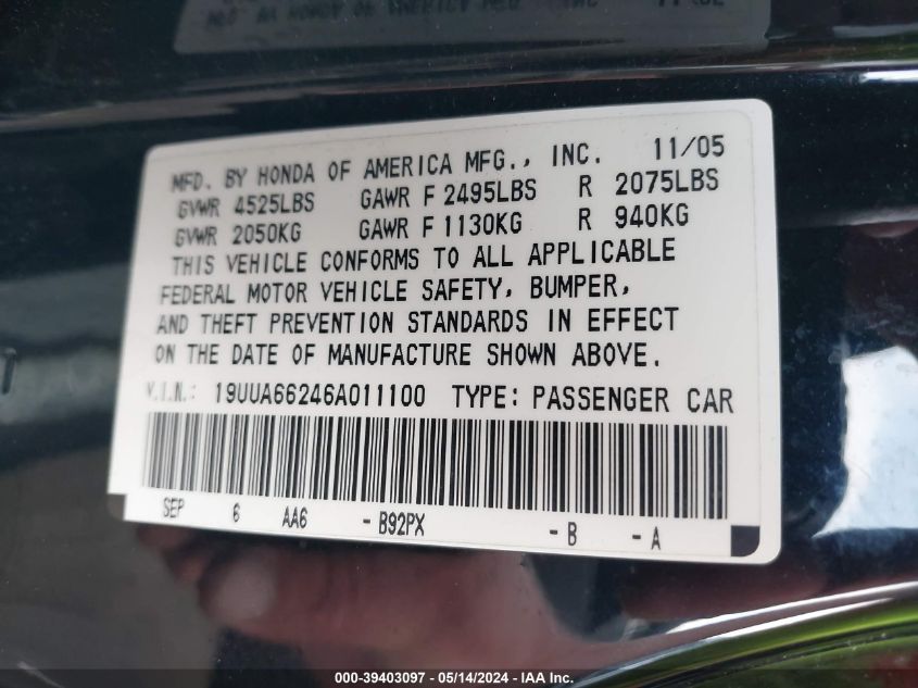 2006 Acura Tl VIN: 19UUA66246A011100 Lot: 39403097