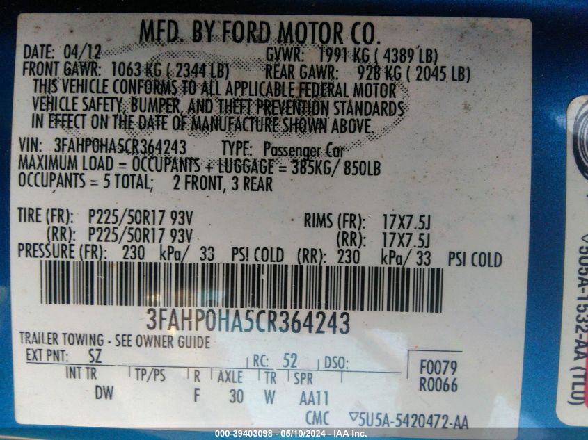 2012 Ford Fusion Se VIN: 3FAHP0HA5CR364243 Lot: 39403098