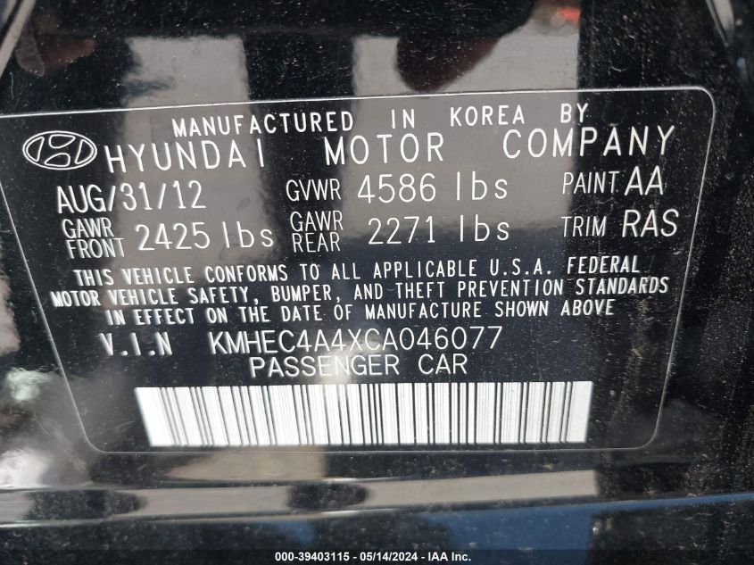 2012 Hyundai Sonata Hybrid VIN: KMHEC4A4XCA046077 Lot: 39403115