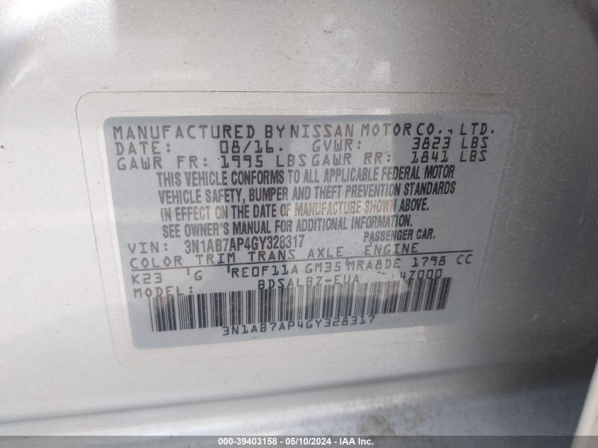 2016 Nissan Sentra S VIN: 3N1AB7AP4GY328317 Lot: 39403158